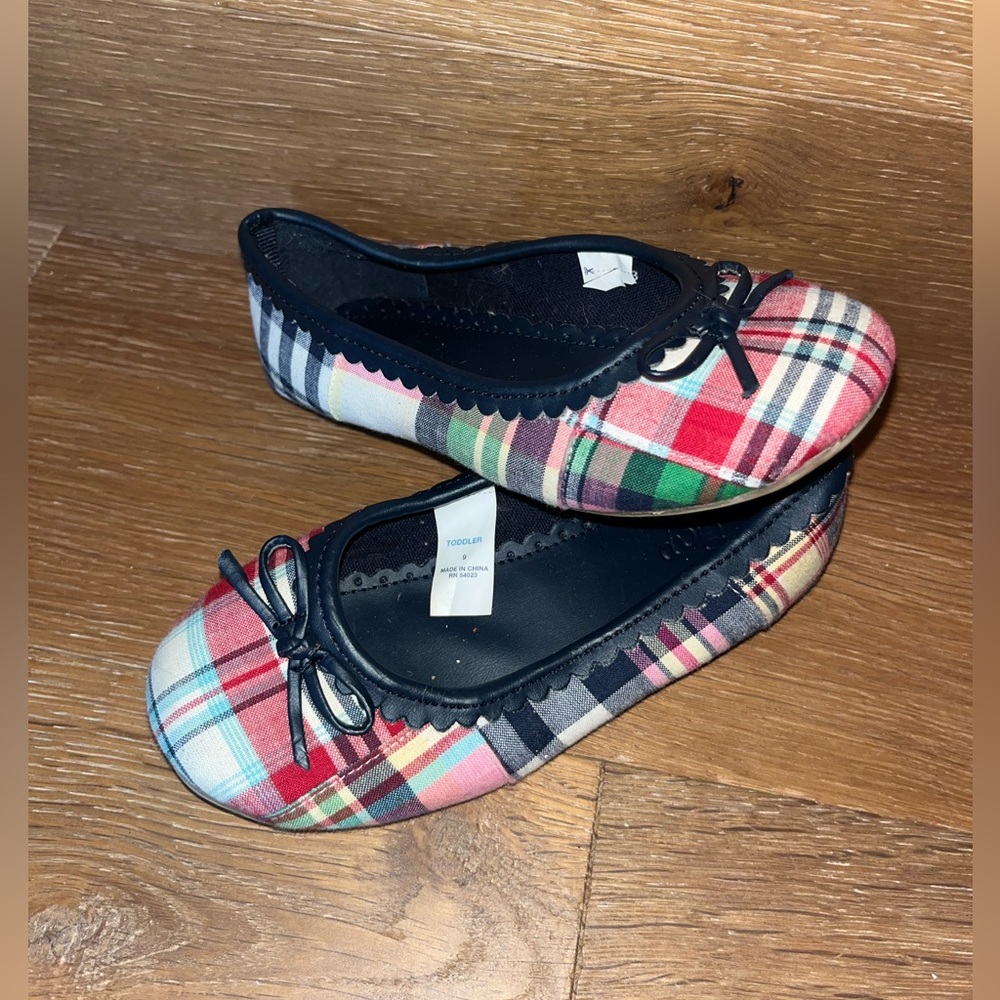 Gap Plaid Ballet Flats Kids Shoes with Bow Accent Navy and red